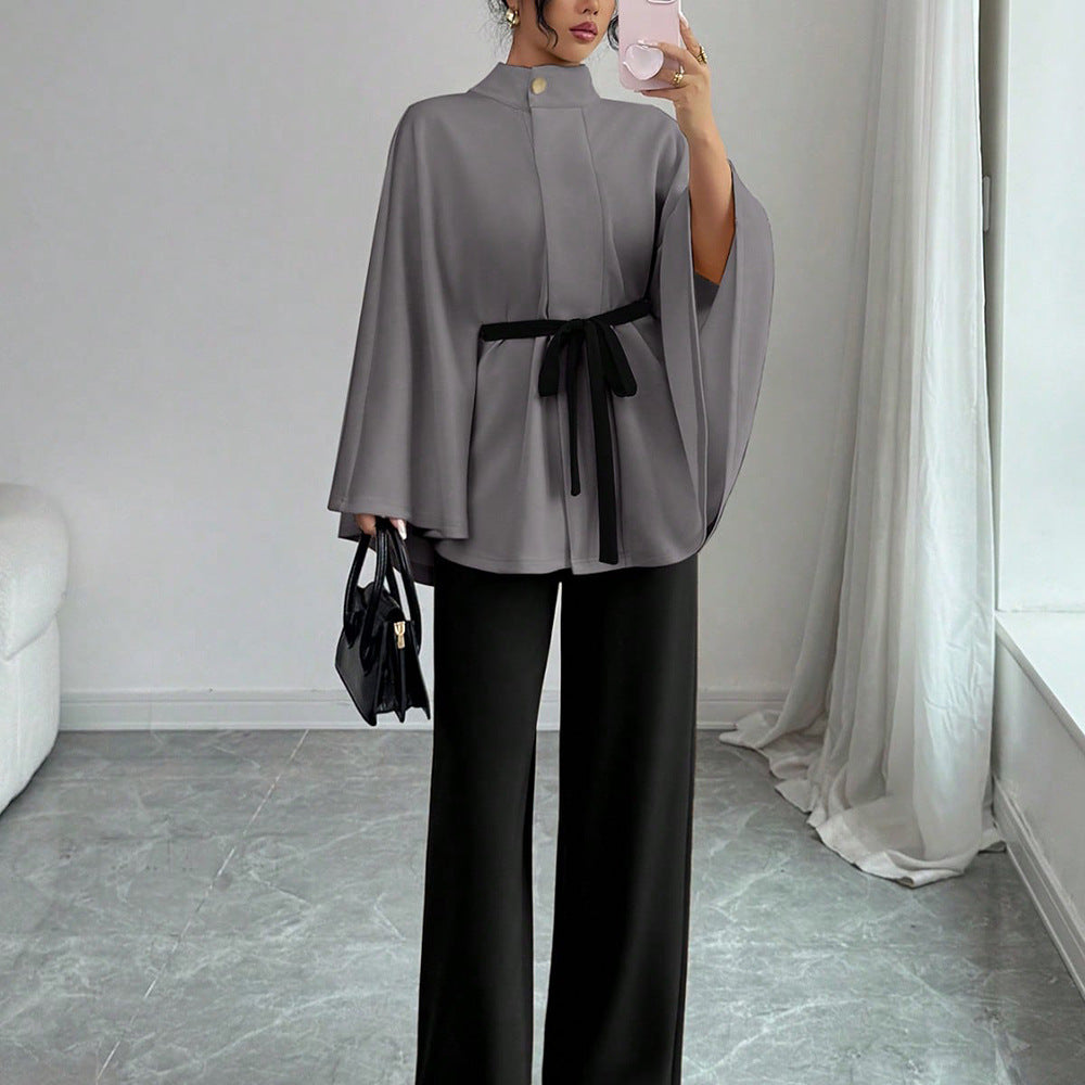 Elegant Belted Cape Top Wide Leg Pants Two Piece Set