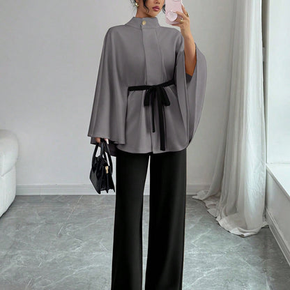 Elegant Belted Cape Top Wide Leg Pants Two Piece Set