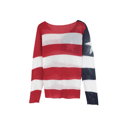 American Flag V-Neck Sweater Women Patriotic Knit Top