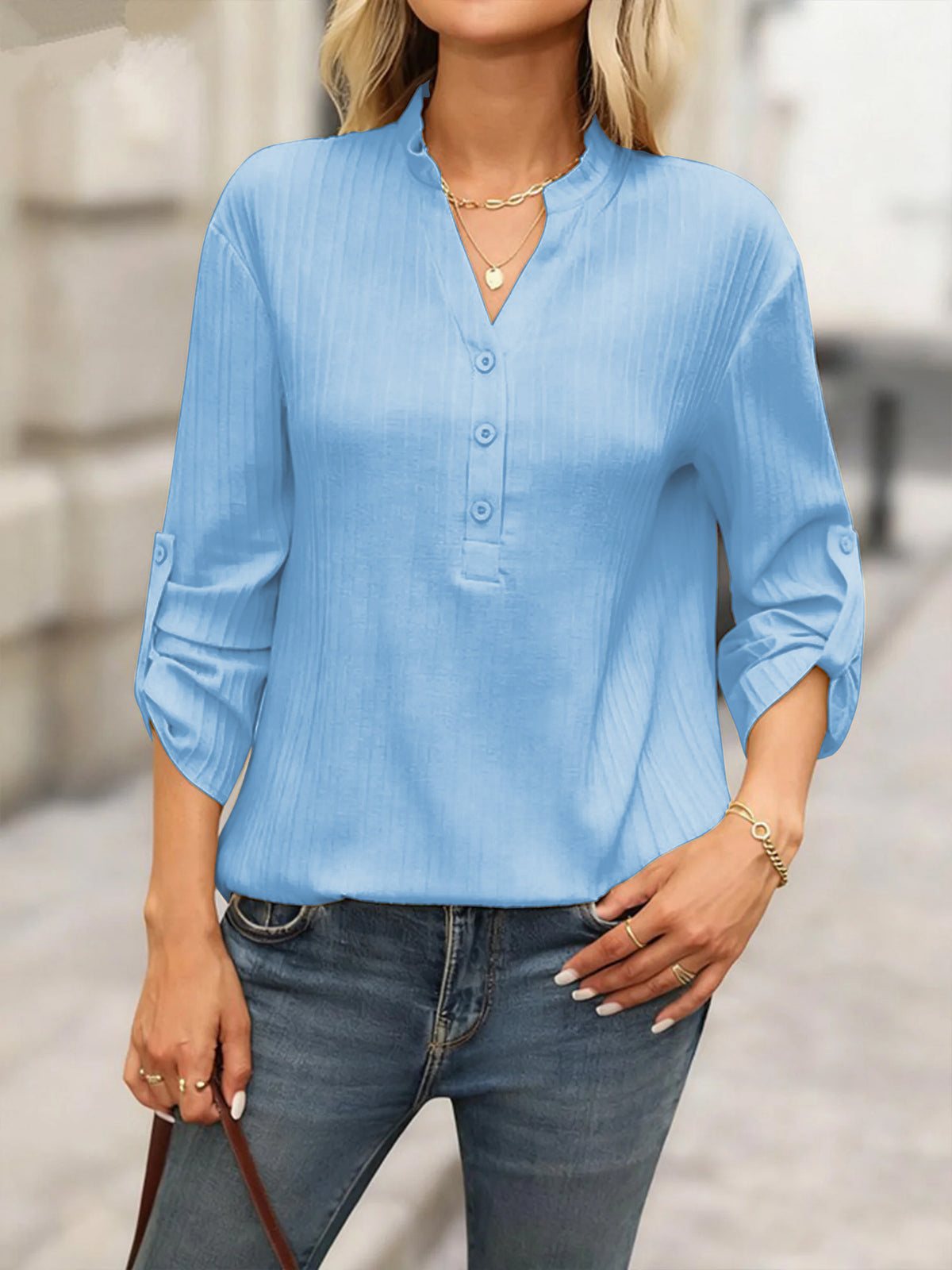 Women's Solid V-Neck Button Front Long Sleeve Blouse