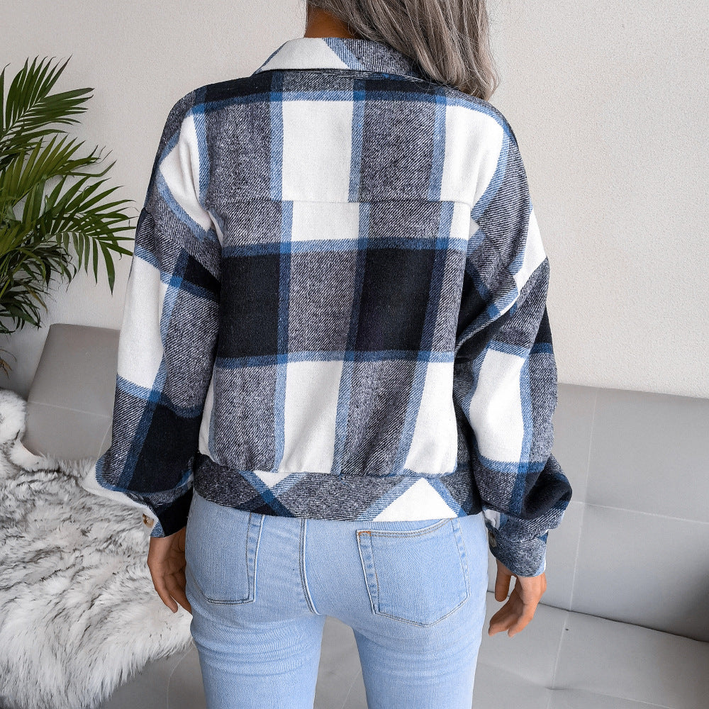 Trendy Plaid Lantern Sleeve Woolen Jacket – Cozy Fall/Winter Outerwear