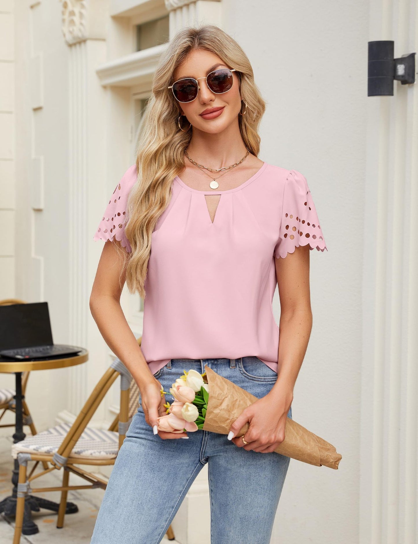 V Neck Eyelet Sleeve Chiffon Blouse Casual Summer Top