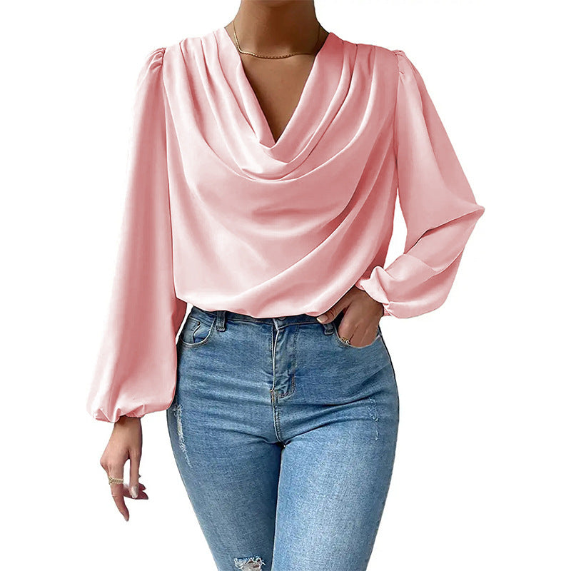 Cowl Neck Chiffon Blouse Lantern Sleeve Draped Top