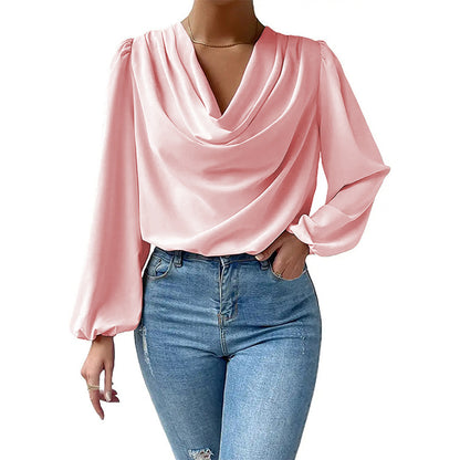 Cowl Neck Chiffon Blouse Lantern Sleeve Draped Top