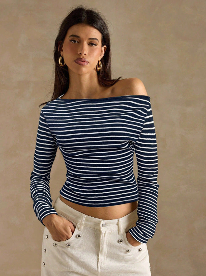 Women's Striped Off Shoulder Long Sleeve Knit Top