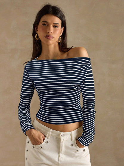 Women's Striped Off Shoulder Long Sleeve Knit Top