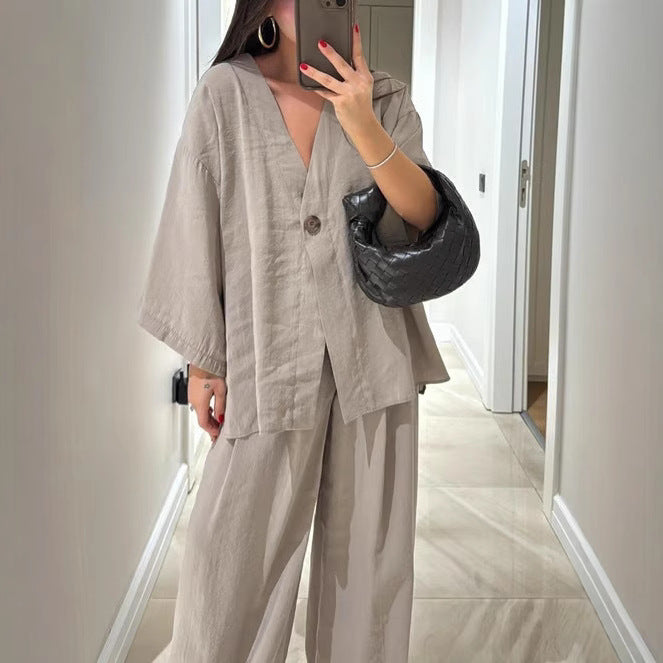 Oversized V-Neck Button Top & Wide Leg Pants Matching Set