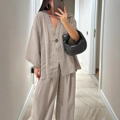 Oversized V-Neck Button Top & Wide Leg Pants Matching Set