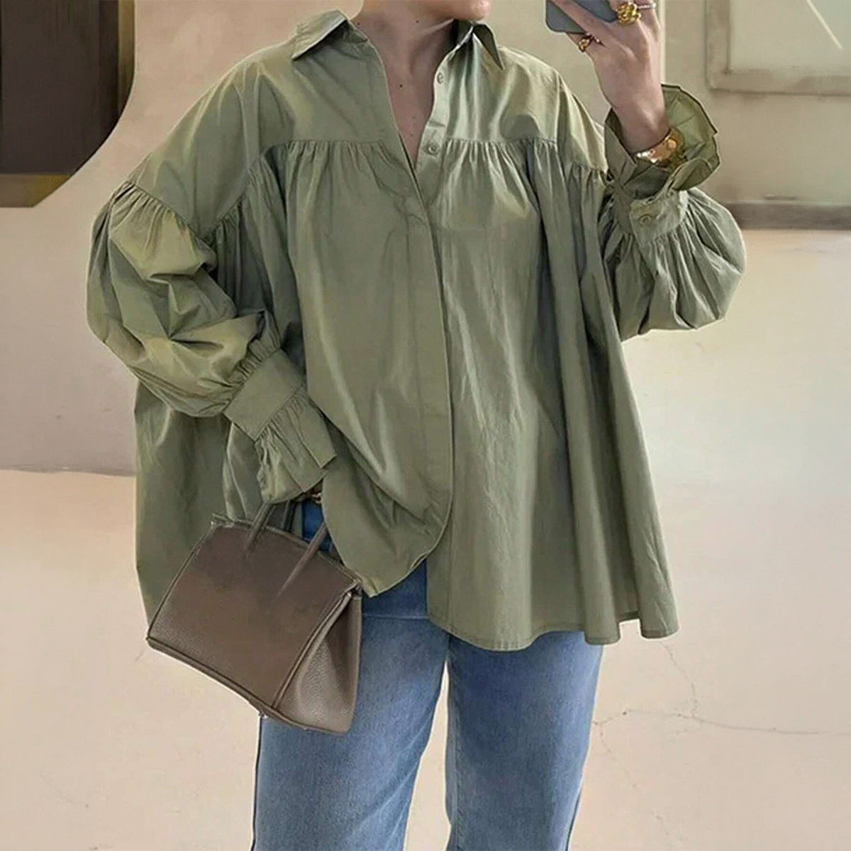 Oversized Puff Sleeve Button Down Shirt Relaxed Casual Blouse