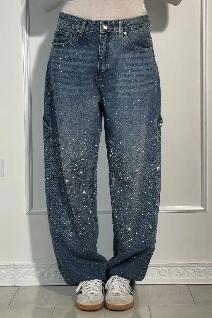 Women's Rhinestone High Waist Straight Leg Jeans