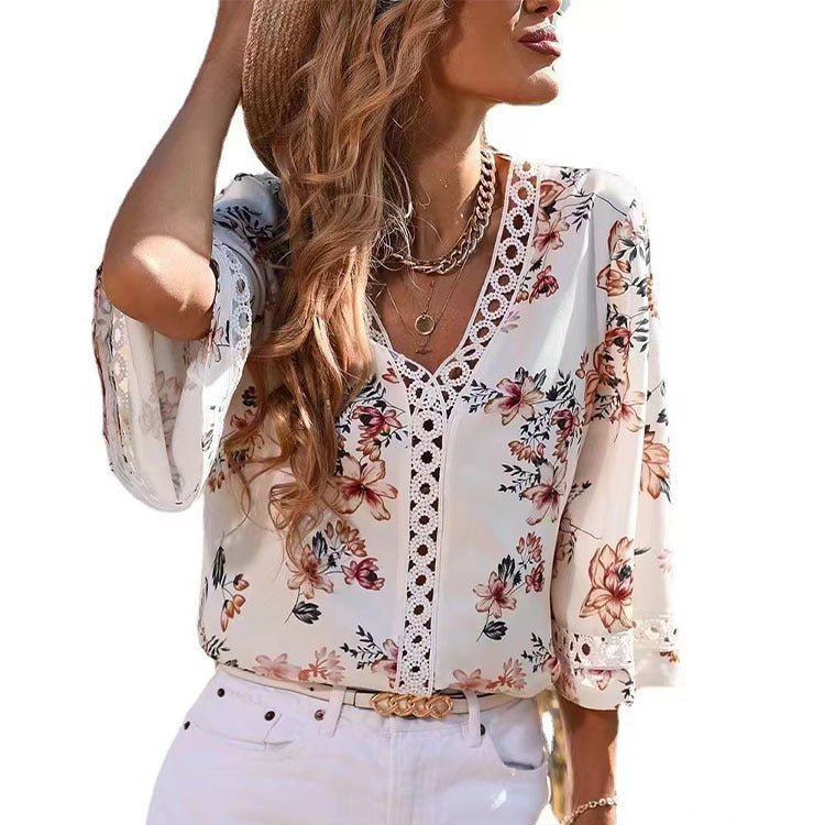 Women's Floral Lace V-Neck Bell Sleeve Boho Summer Blouse