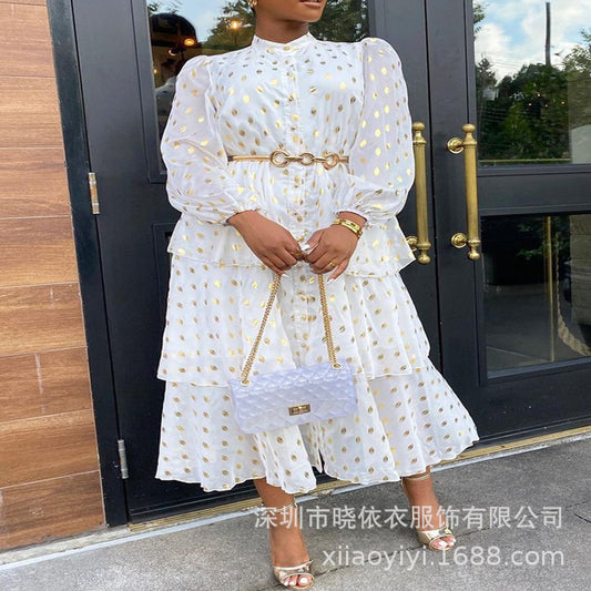 Gold Polka Dot Chiffon Tiered Long Sleeve Maxi Dress
