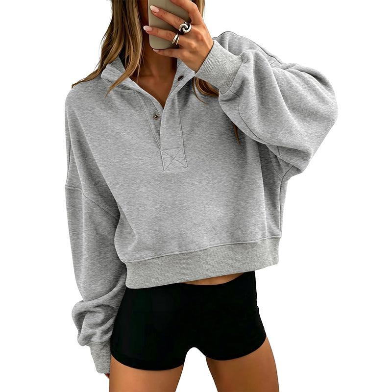 Cropped Henley Sweatshirt Polo Collar Relaxed Fit