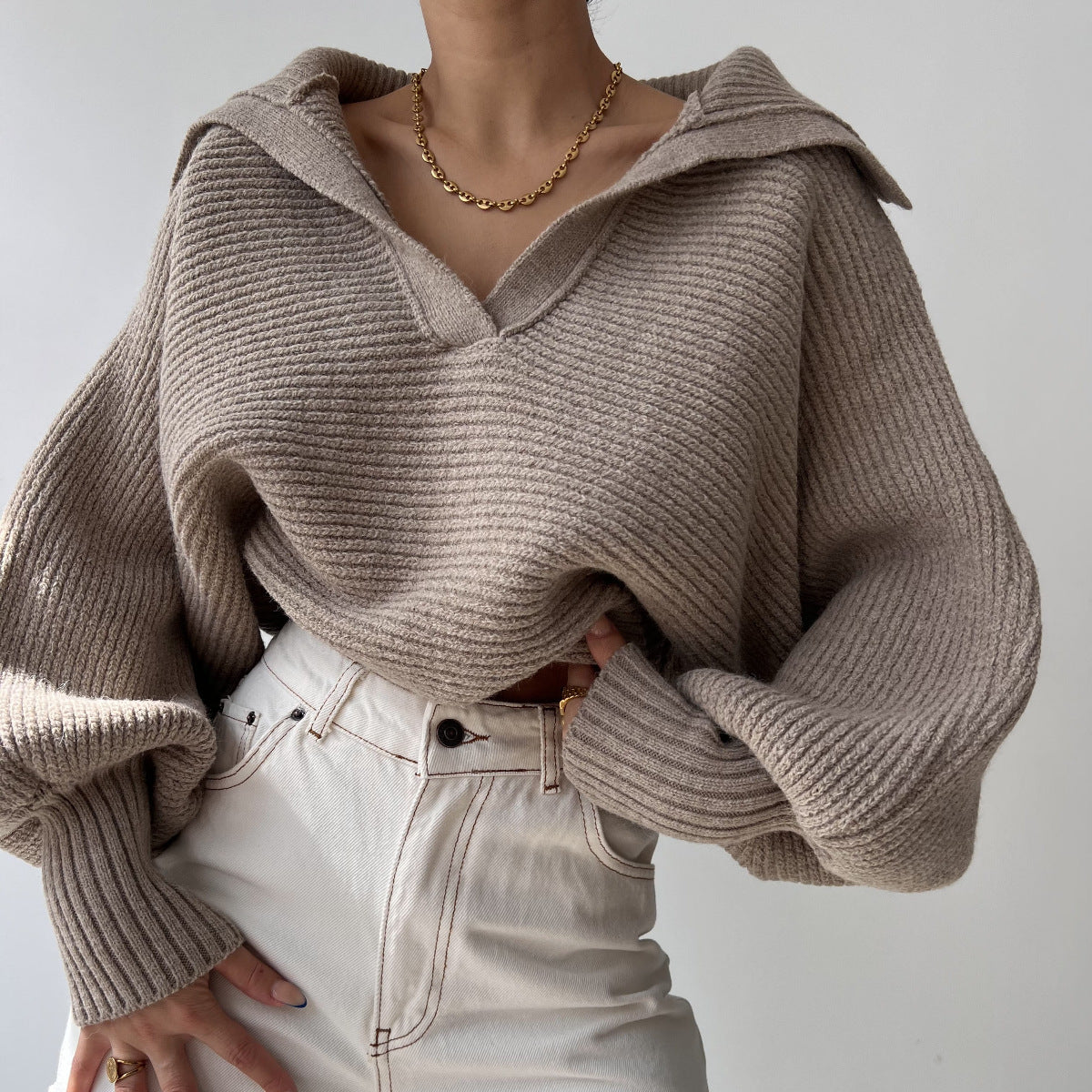 Womens Collared V Neck Ribbed Knit Sweater