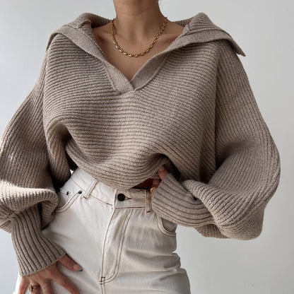 Womens Collared V Neck Ribbed Knit Sweater