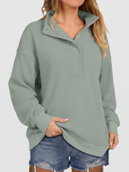 Women's Waffle Knit Oversized Button Pullover Sweatshirt