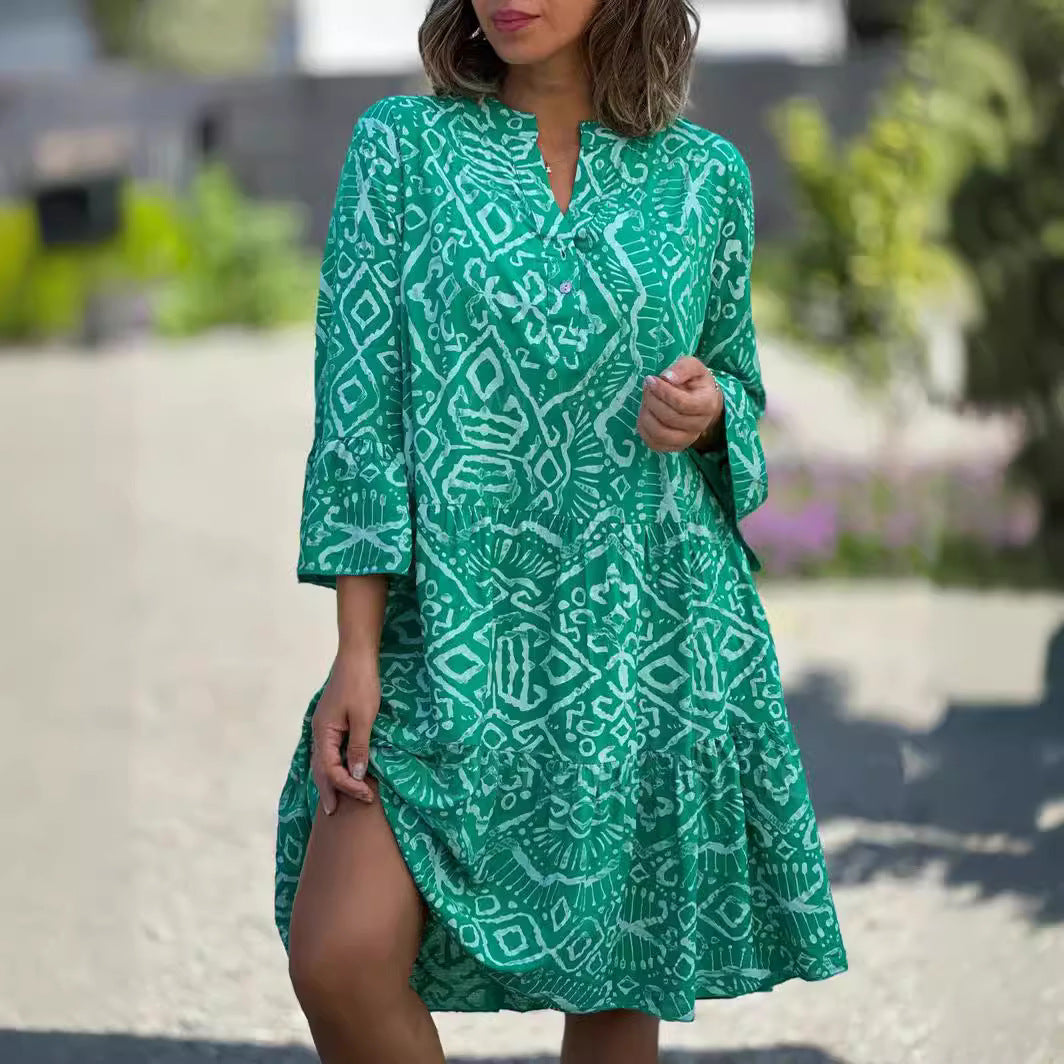 Women's Boho Geometric Tiered V-Neck 3/4 Sleeve Dress