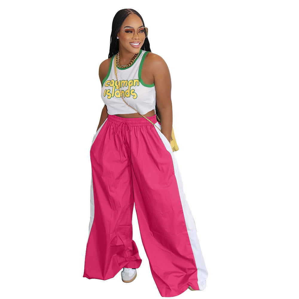 Women Sporty Color Block Wide Leg Pants Loose Side Stripe