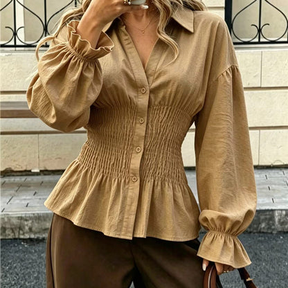 Women's Smocked Waist Cotton Blouse Balloon Sleeve Top