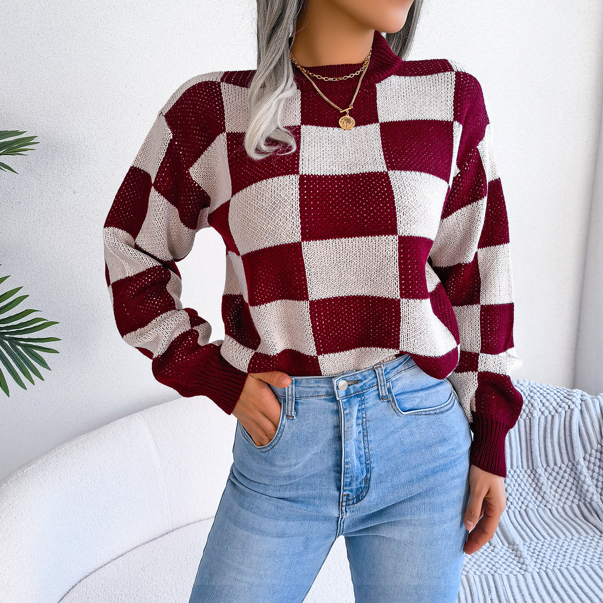 Women's Colorblock Checkerboard Balloon Sleeve Sweater