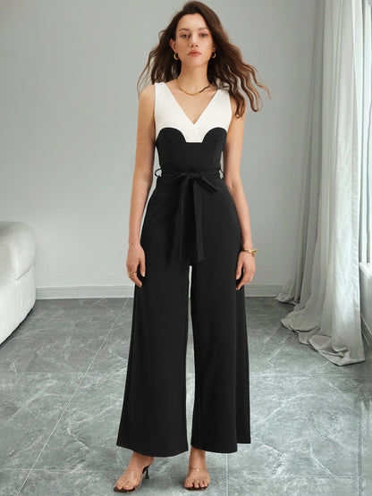 Sleeveless Color Block Jumpsuit Tie Waist Wide Leg