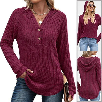 Women's Loose Hooded V Neck Button Ribbed Knit Sweater