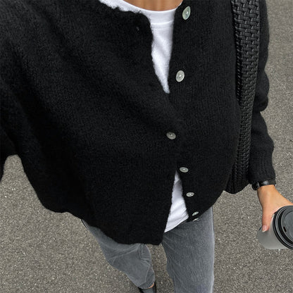 Oversized Fuzzy Button Up Crew Neck Cardigan Sweater
