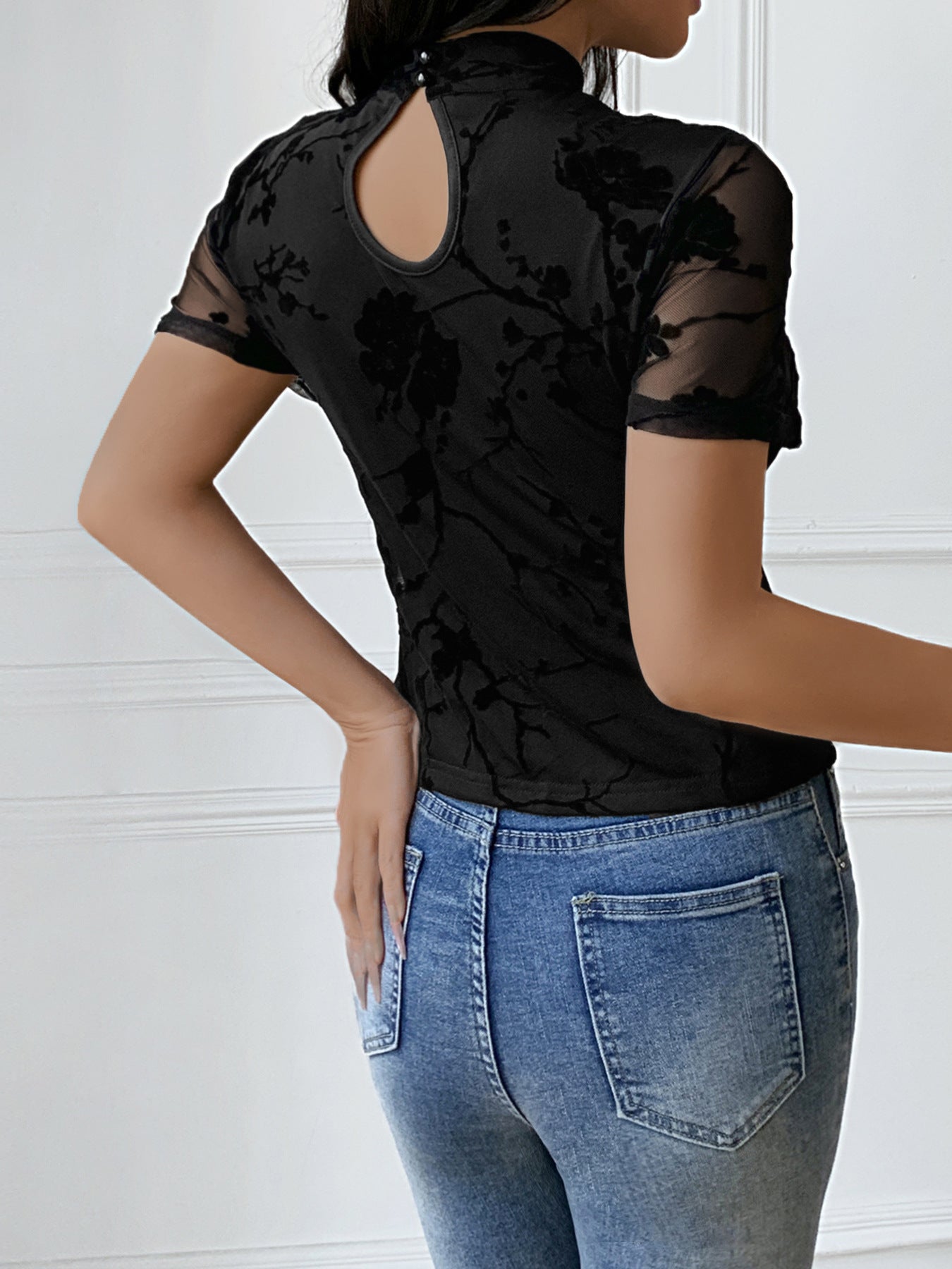 Sexy Chinese Style Sheer Mesh Flocked Cut-Out Top
