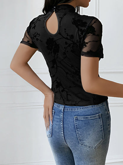 Sexy Chinese Style Sheer Mesh Flocked Cut-Out Top