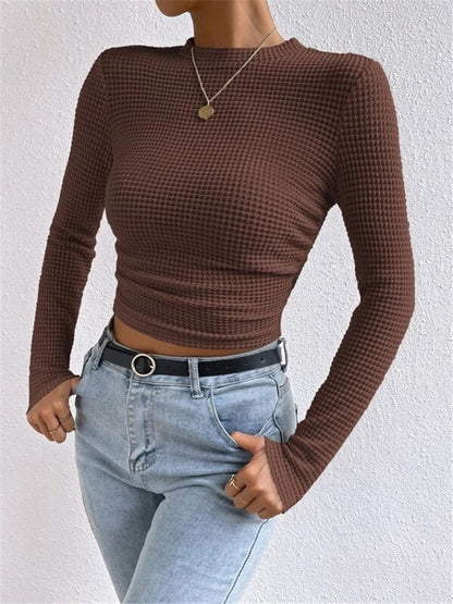 Women's Ruched Waffle Knit Long Sleeve Crop Top