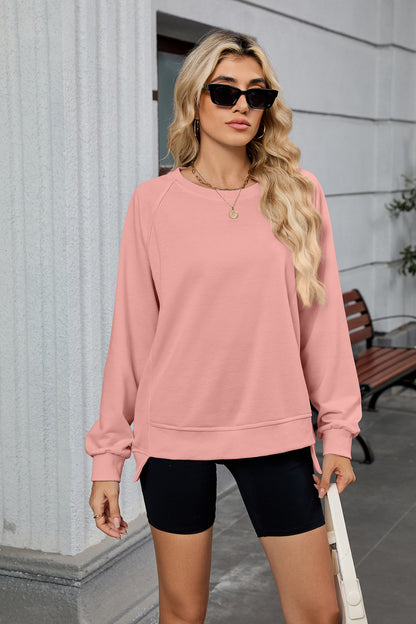 Women Oversized Crewneck Sweatshirt Long Sleeve Side Slit