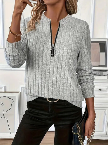 Women's Ribbed Knit Half Zip Long Sleeve Pullover Sweater