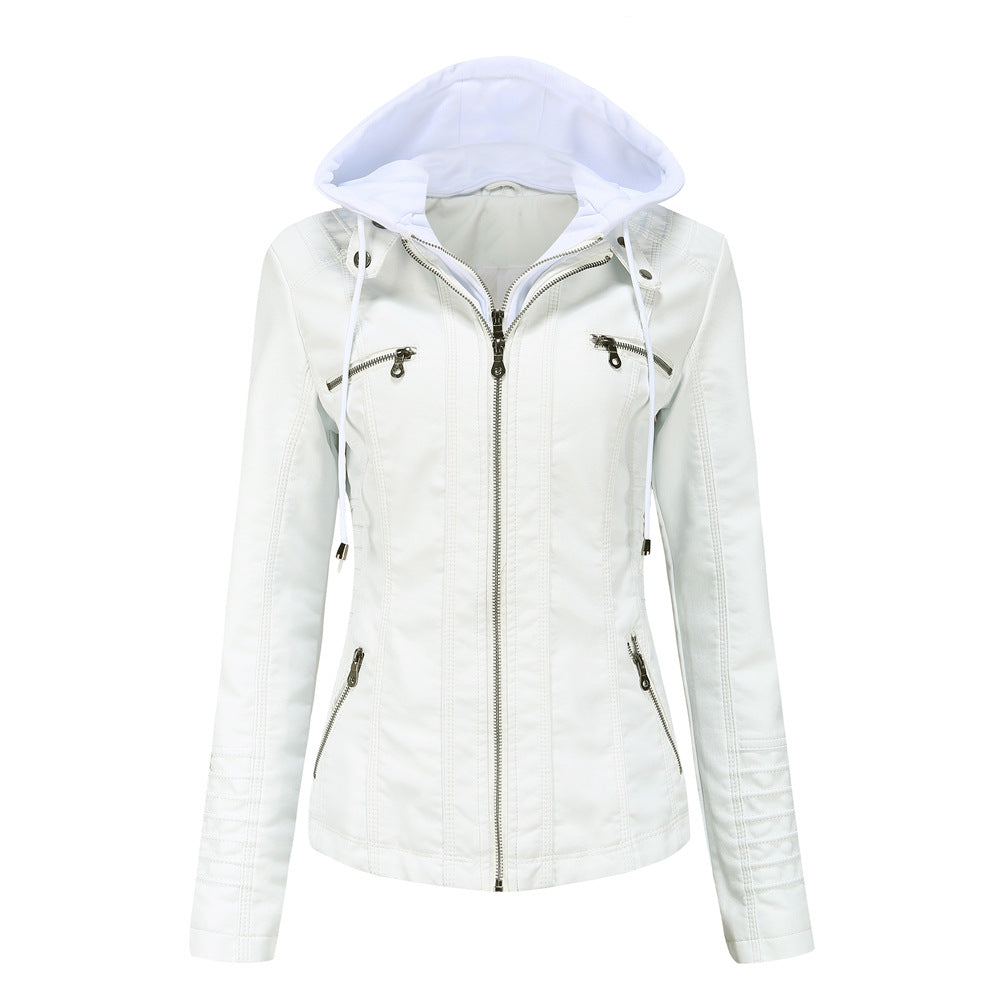 Women's Faux Leather Moto Jacket Removable Hood Plus Size