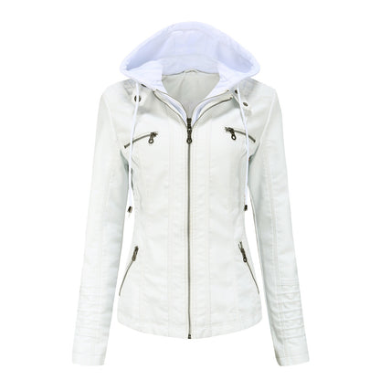 Women's Faux Leather Moto Jacket Removable Hood Plus Size