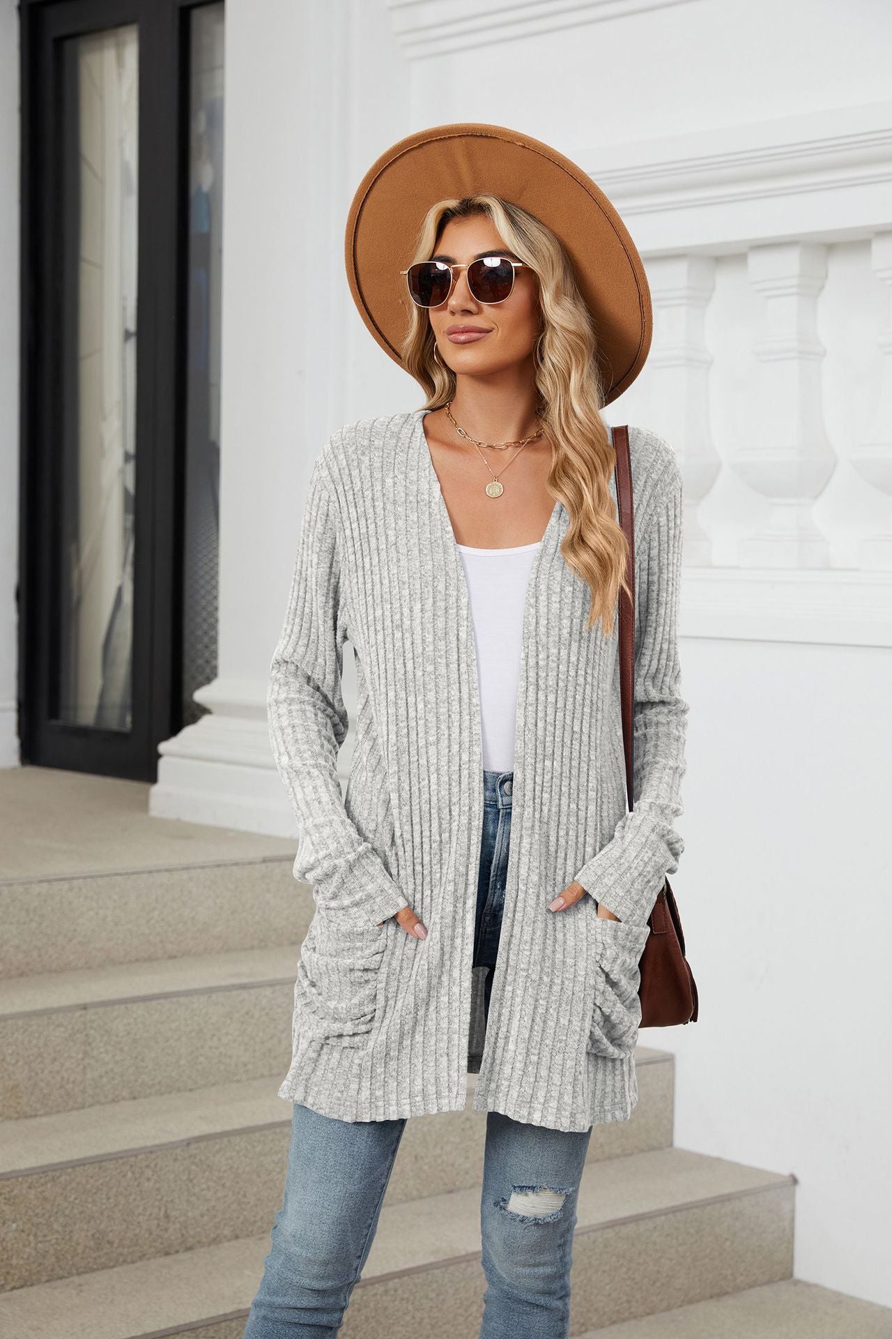Simple Pocketed Long Sleeve Cardigan Knit Top