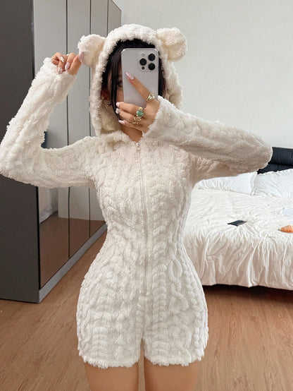 Women's Fuzzy Hooded Sherpa Romper with Bow Back
