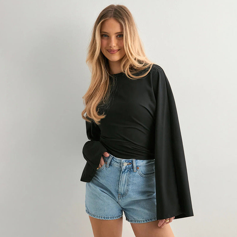 Women's Solid Batwing Long Sleeve Cinched Waist Crop Top