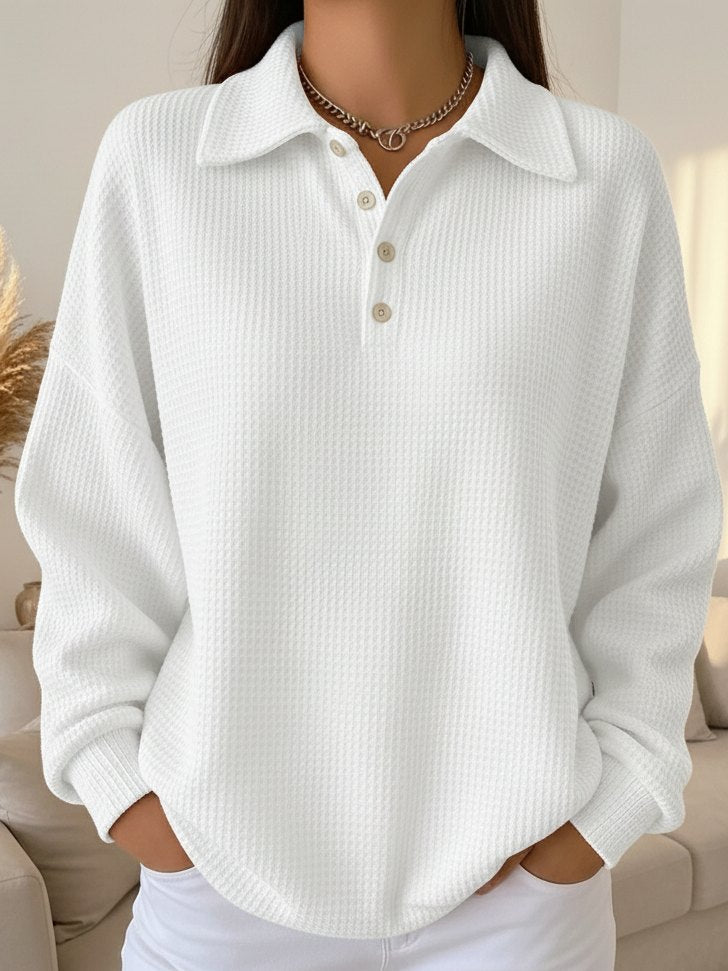 Women's Oversized Waffle Knit Polo Shirt Long Sleeve Top