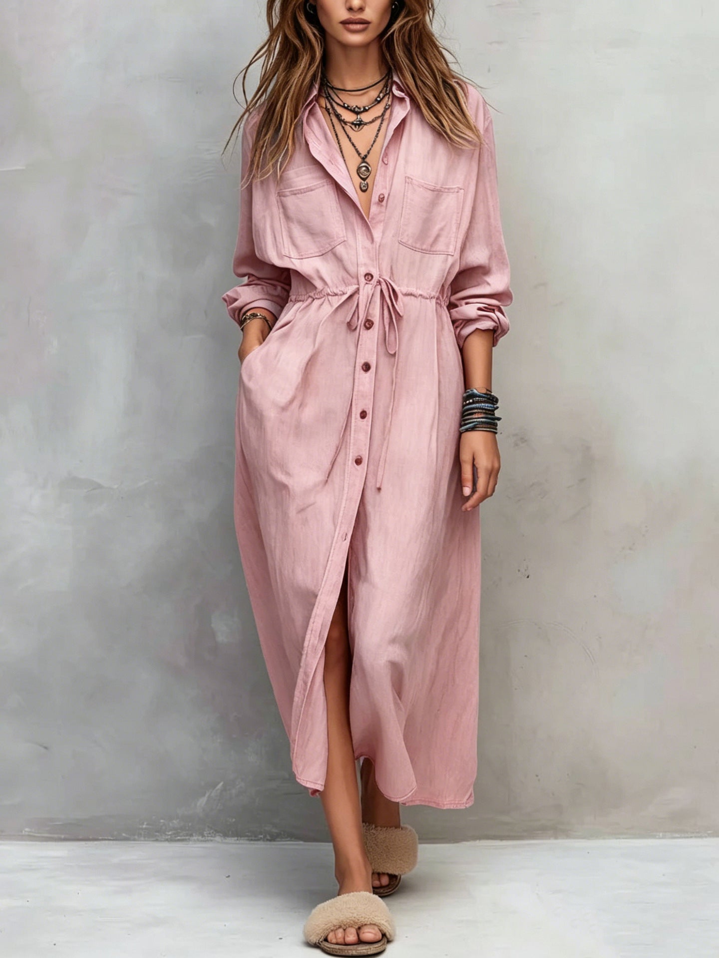 Women Long Sleeve Button Down Shirt Dress Drawstring Midi