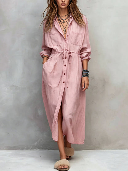 Women Long Sleeve Button Down Shirt Dress Drawstring Midi