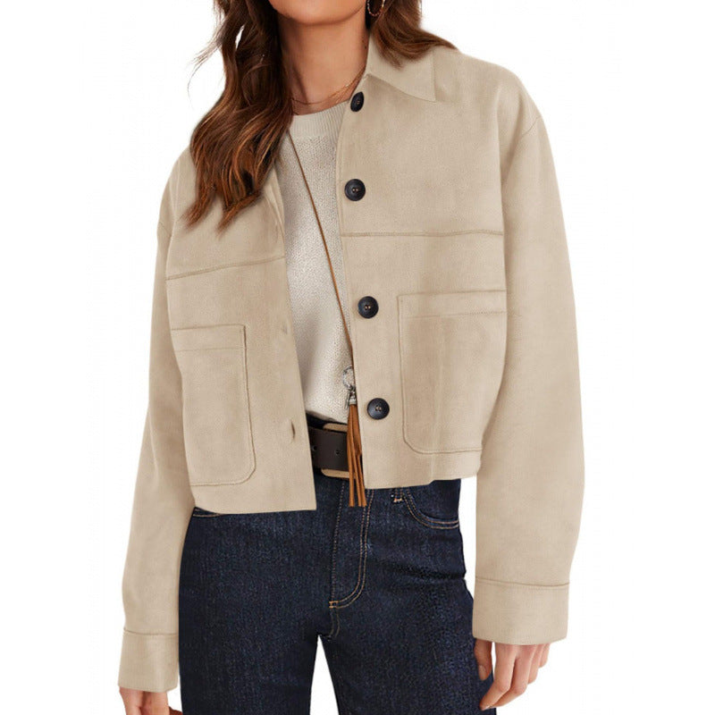 Women's Faux Suede Cropped Jacket Button Front
