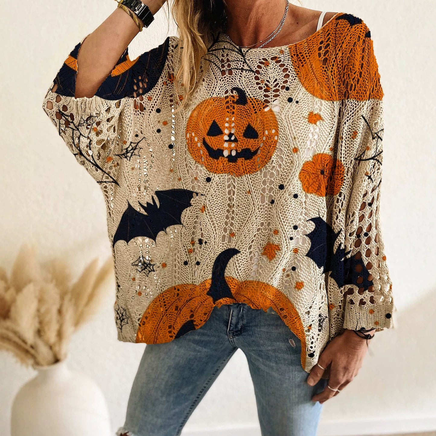 Off Shoulder Crochet Halloween Pumpkin Bat Sweater