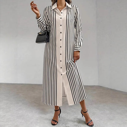 Women's Striped Long Sleeve Button Down Maxi Shirt Dress