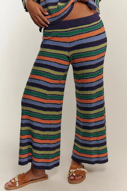 Boho Striped Knit Two Piece Set Wide Leg Pants