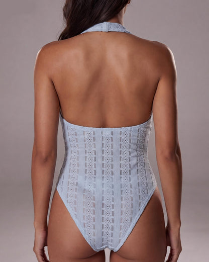 Halter V Neck Twist Front Backless Bodysuit for Women