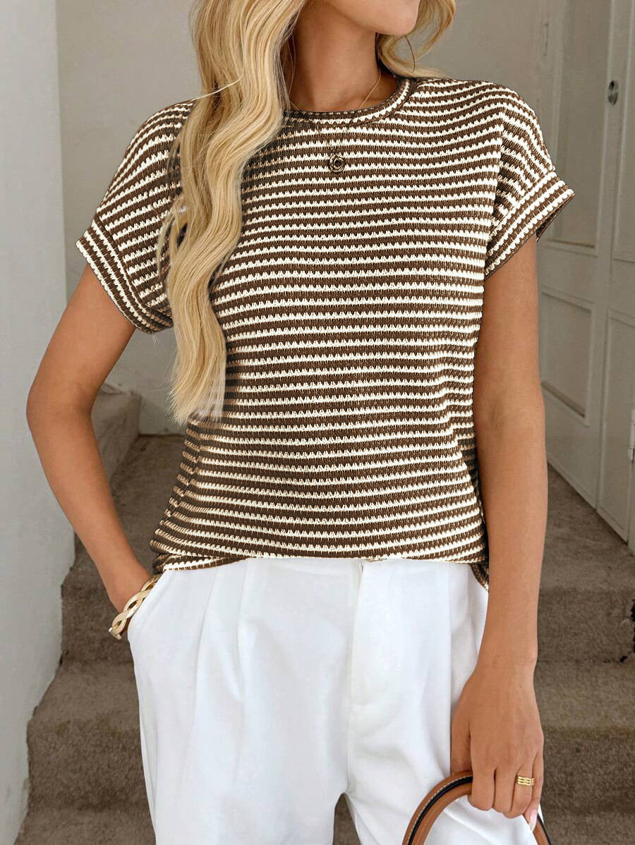 Striped Knit Sweater Crew Neck Short Sleeve Top