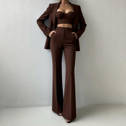 Women's 3 Piece Blazer Bustier Top Wide Leg Pants Set