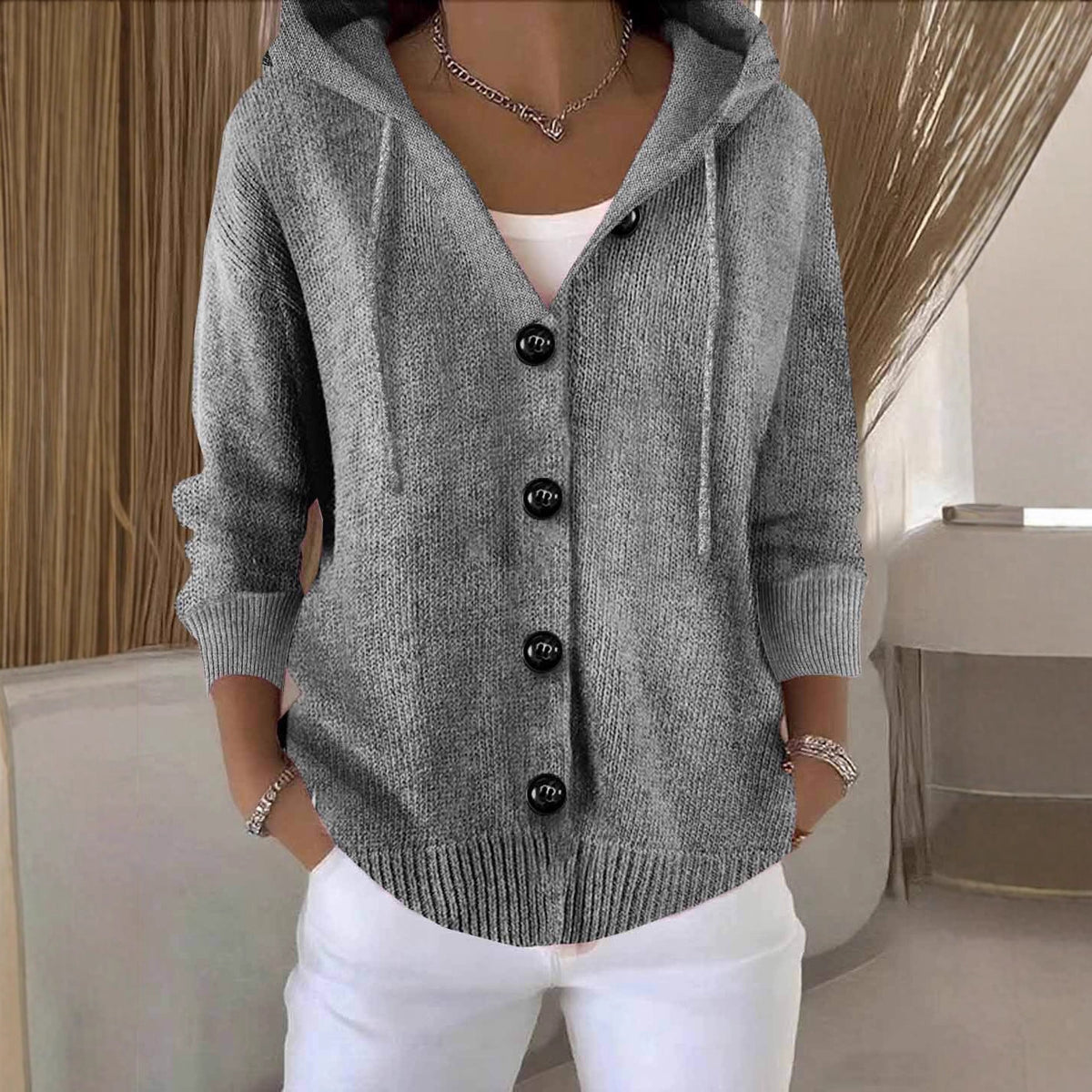 Hooded Button Knit Cardigan Long Sleeve Sweater