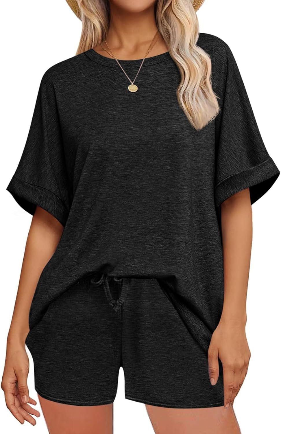 Batwing Sleeve Tee and Drawstring Shorts Lounge Set