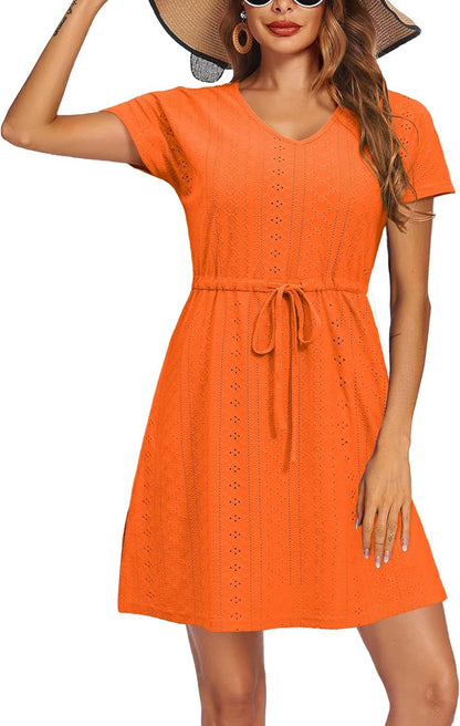 Short Sleeve A-Line Cover Up Dress with Hollow Detail